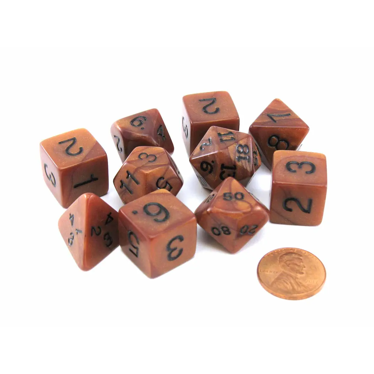 Polyhedral 10-Die Olympic Pearlized Dice Set - Bronze with Black Numbers