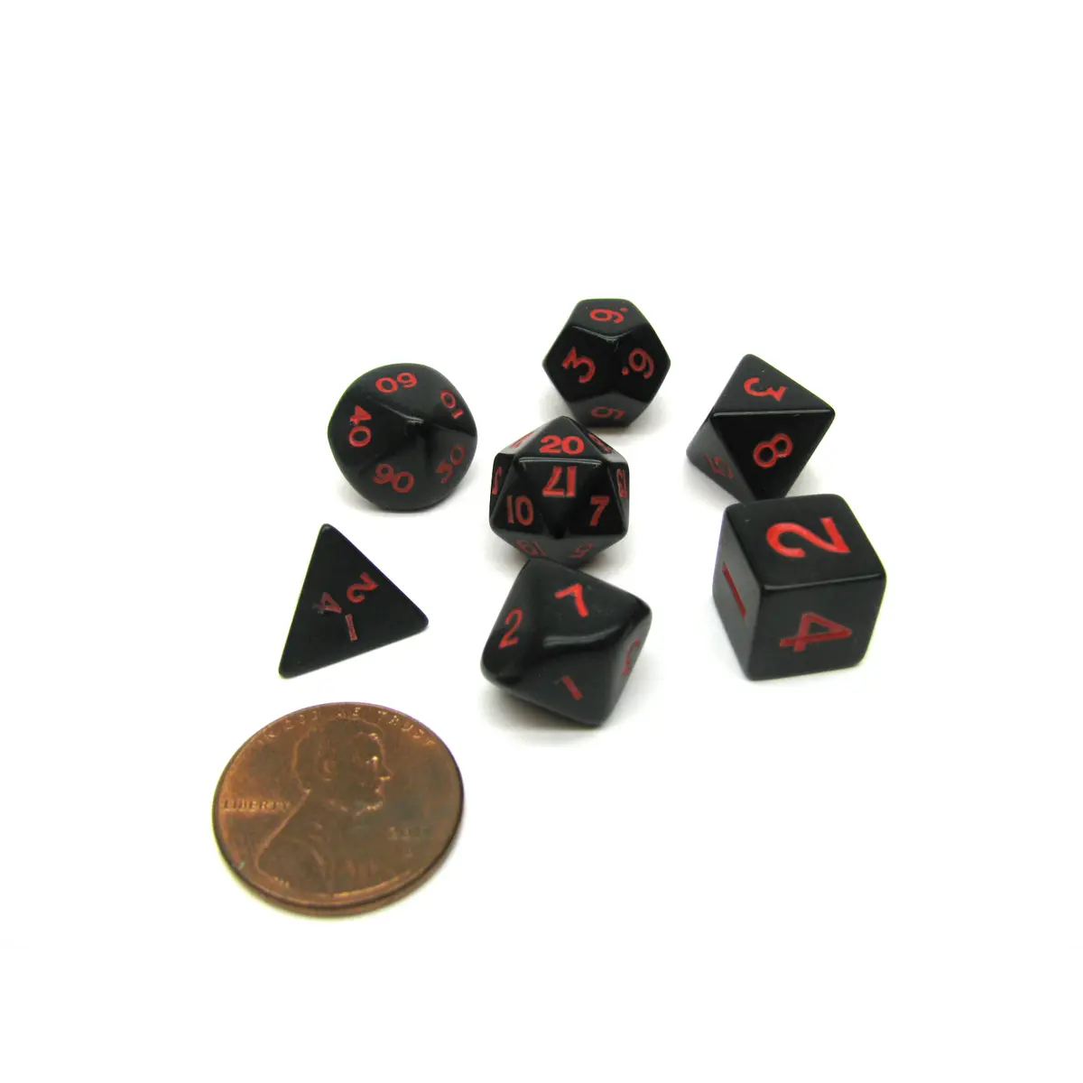 Mini Polyhedral 7 Piece Dice Set Opaque Small 11mm Die - Black with Red Numbers