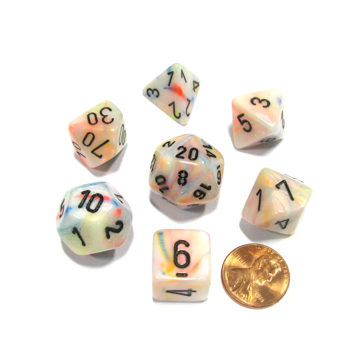 Polyhedral 7-Die Festive Chessex Dice Set - Circus with Black Numbers