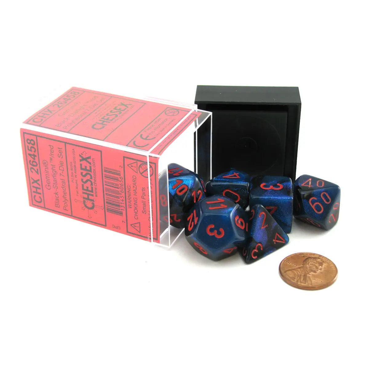 Polyhedral 7-Die Gemini Chessex Dice Set - Black-Starlight with Red Numbers