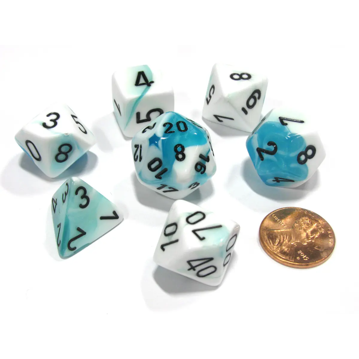 Polyhedral 7-Die Gemini Chessex Dice Set - Teal-White with Black Numbers
