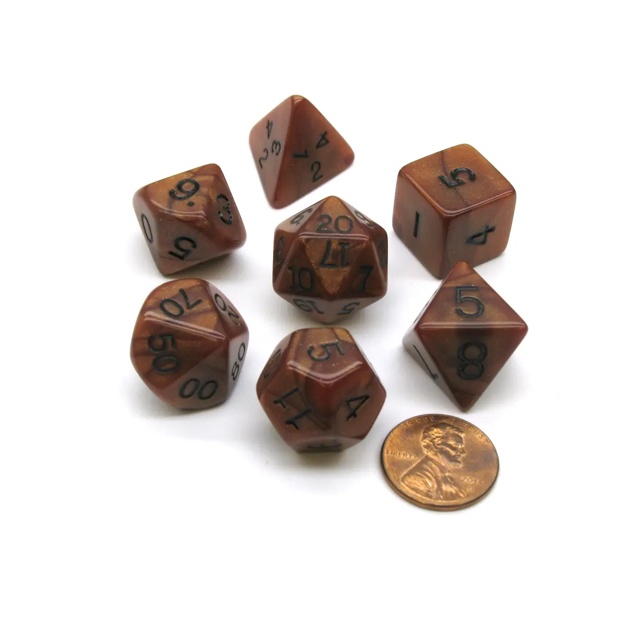 Polyhedral 7-Die Dice Set-Olympic Pearlized Bronze w/ Black Numbers