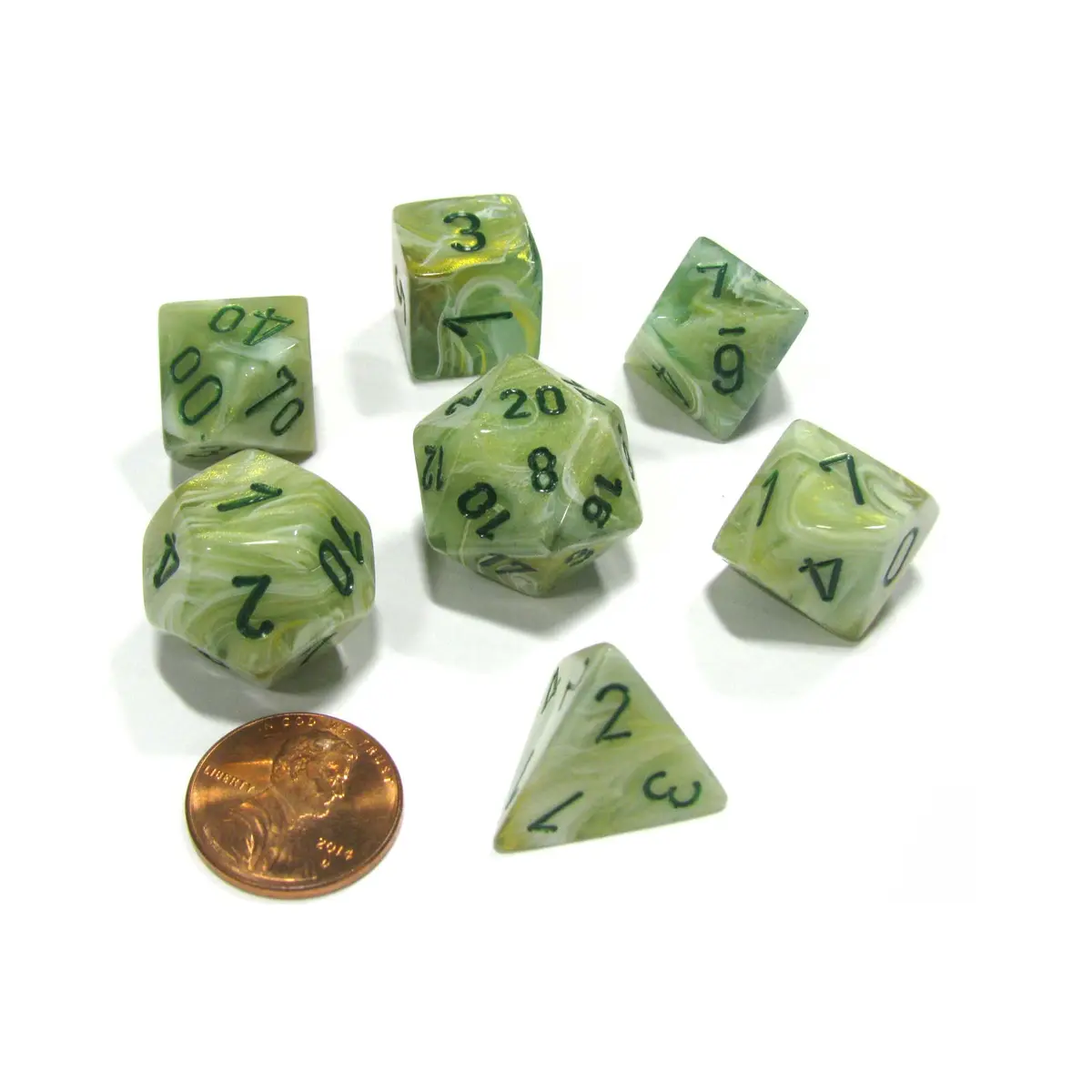 Polyhedral 7-Die Marble Chessex Dice Set - Green with Dark Green Numbers