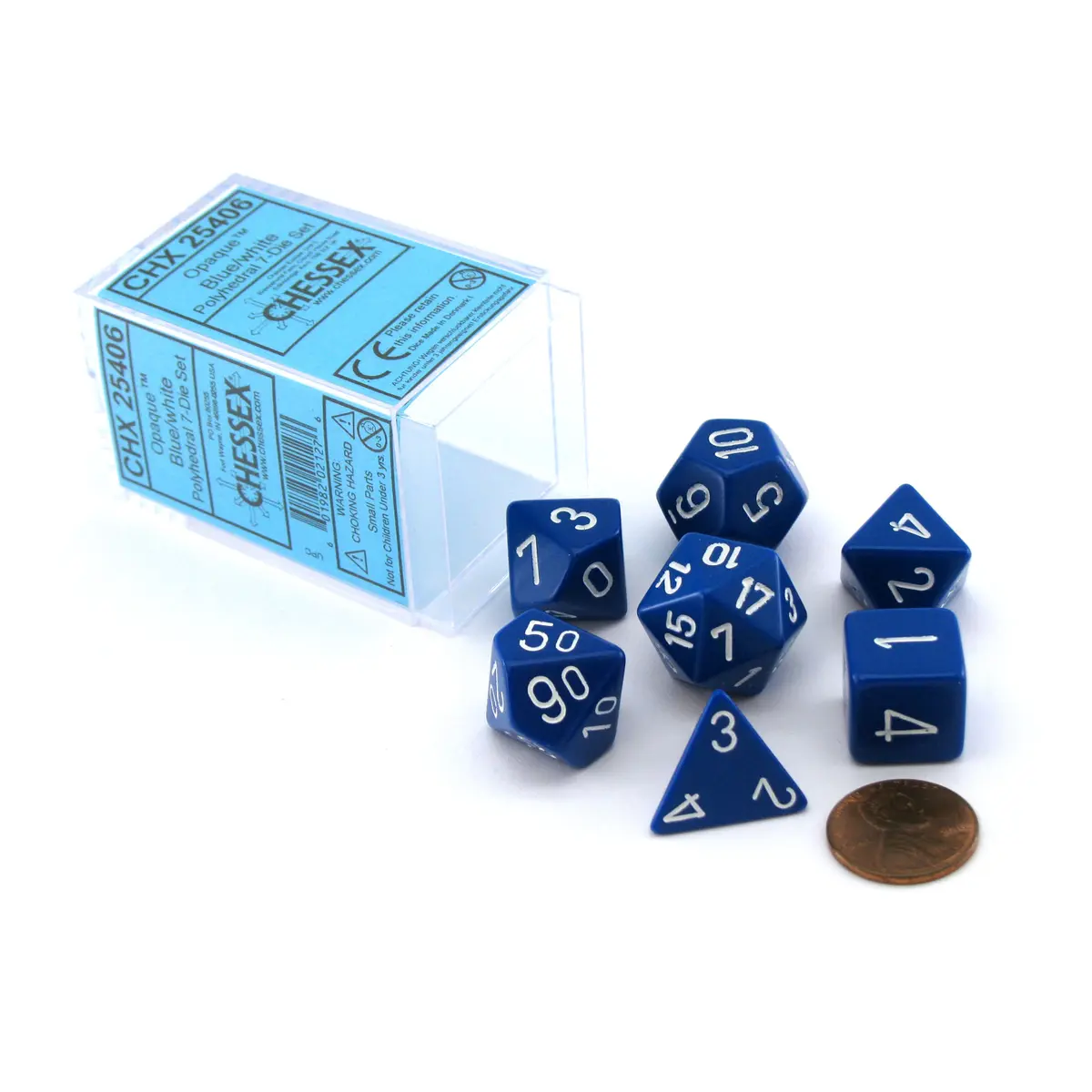 Polyhedral 7-Die Opaque Chessex Dice Set - Blue with White Numbers