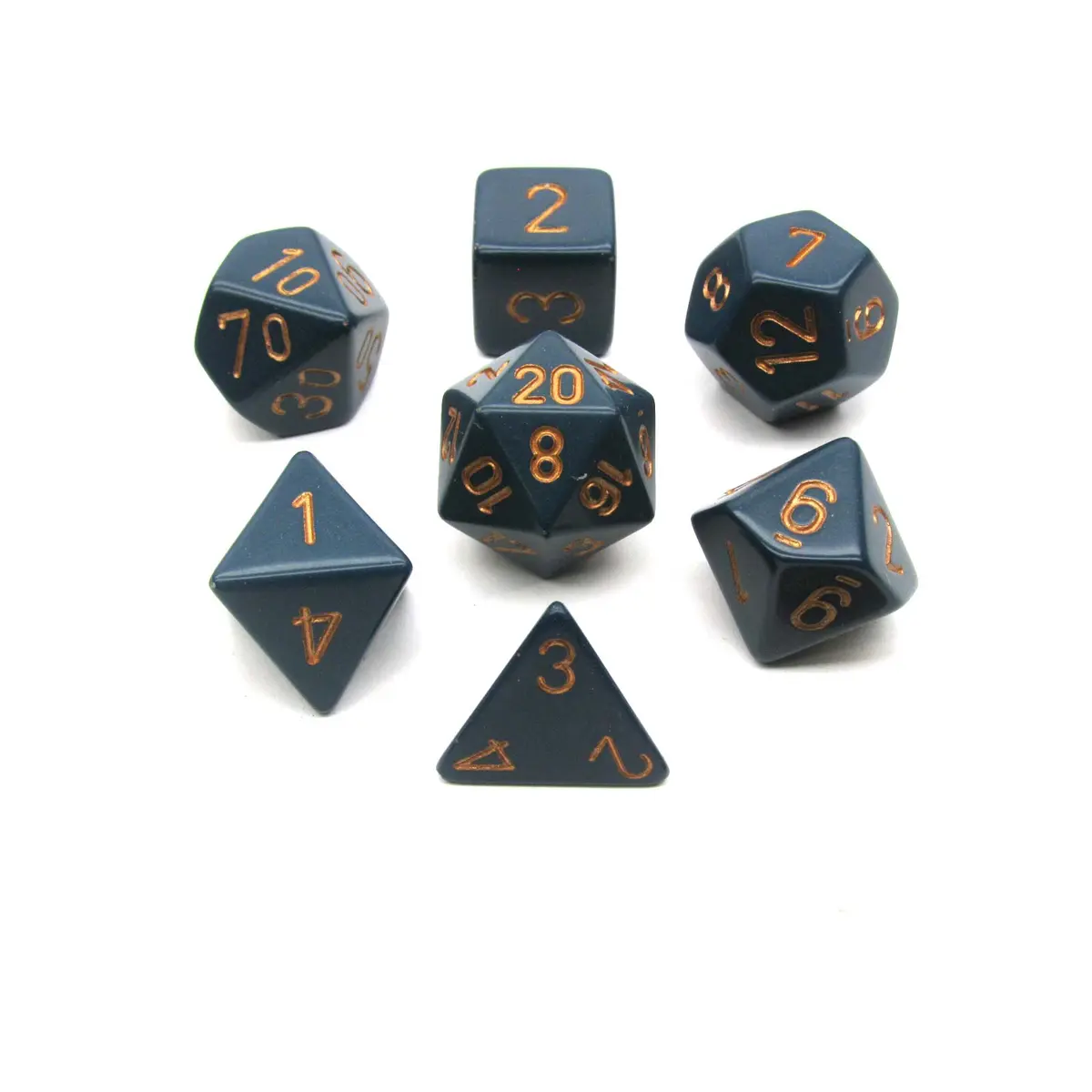 Polyhedral 7-Die Opaque Chessex Dice Set - Dusty Blue with Copper Numbers