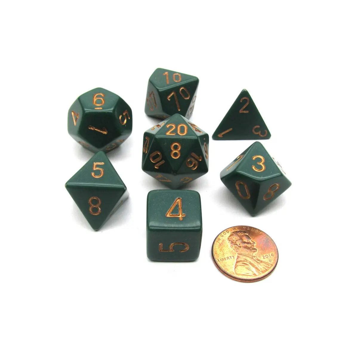 Polyhedral 7-Die Opaque Chessex Dice Set - Dusty Green with Copper Numbers