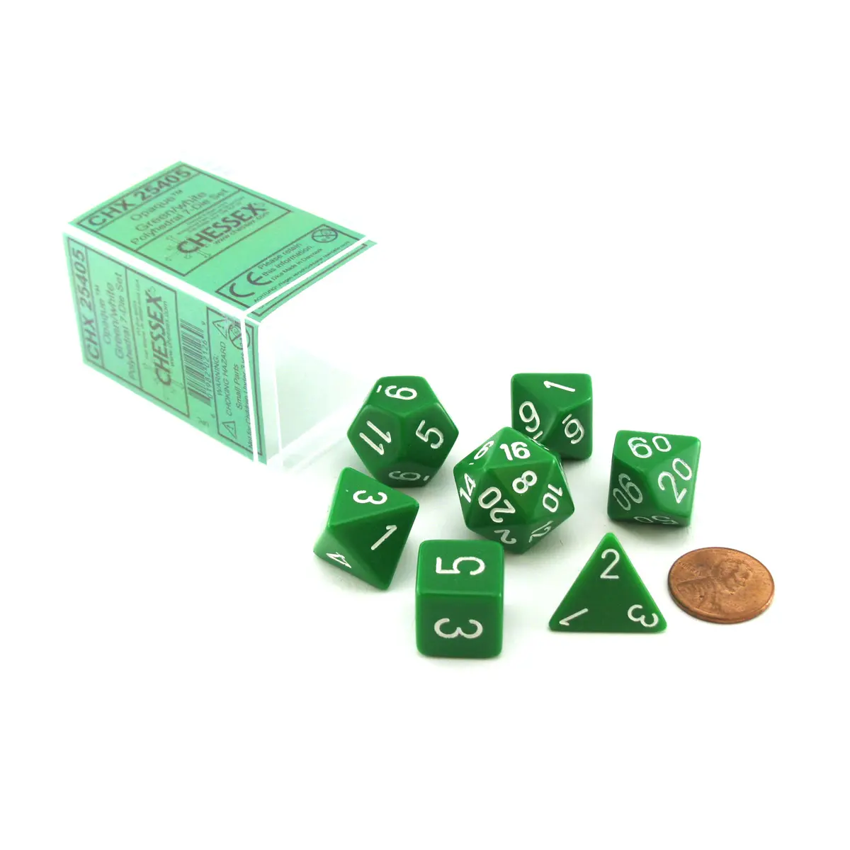 Polyhedral 7-Die Opaque Chessex Dice Set - Green with White Numbers