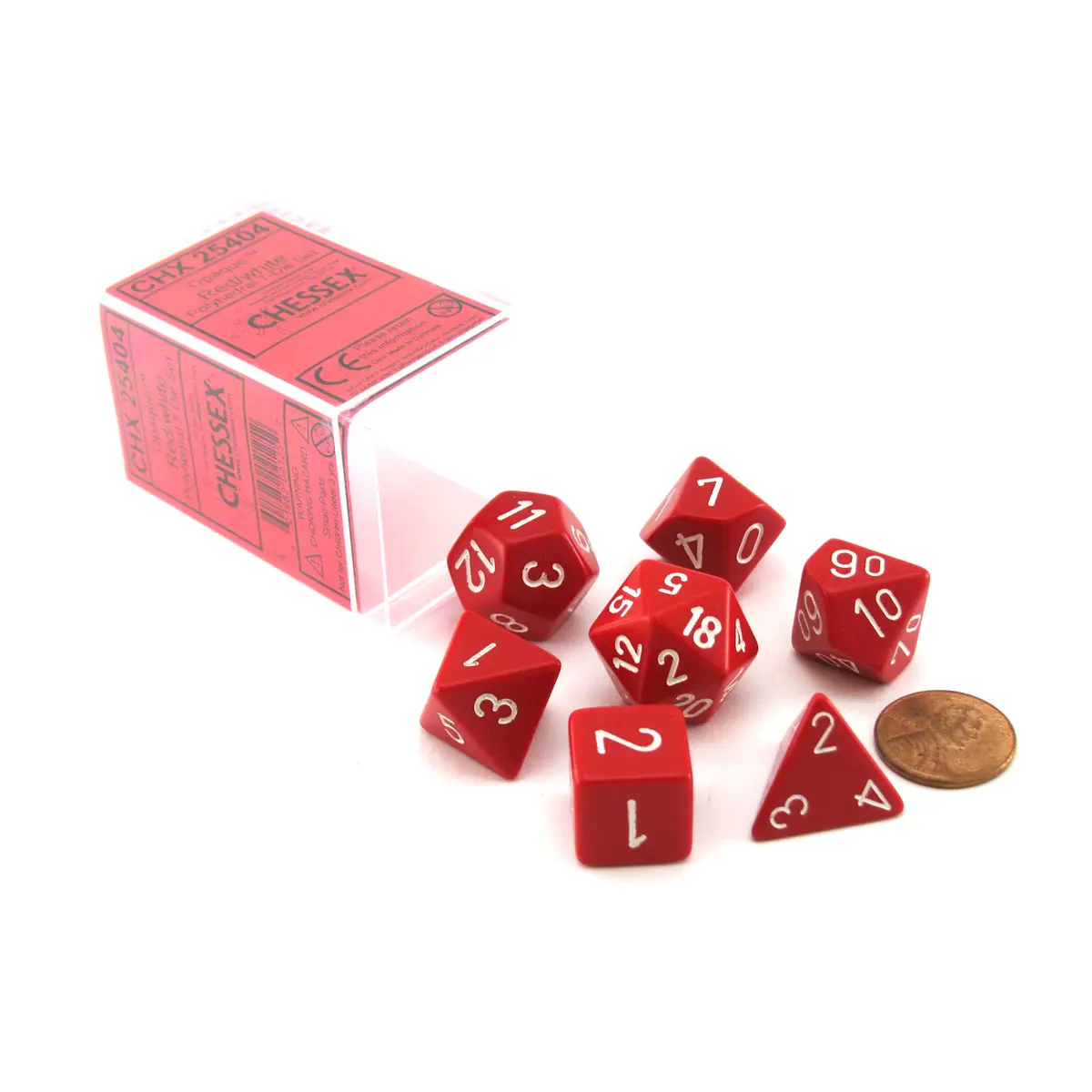 Polyhedral 7-Die Opaque Chessex Dice Set - Red with White Numbers