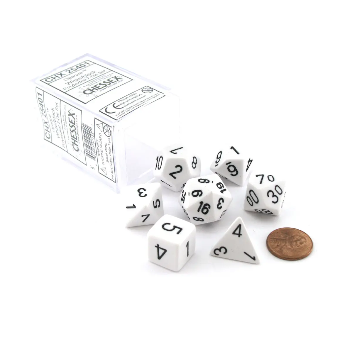 Polyhedral 7-Die Opaque Chessex Dice Set - White with Black Numbers