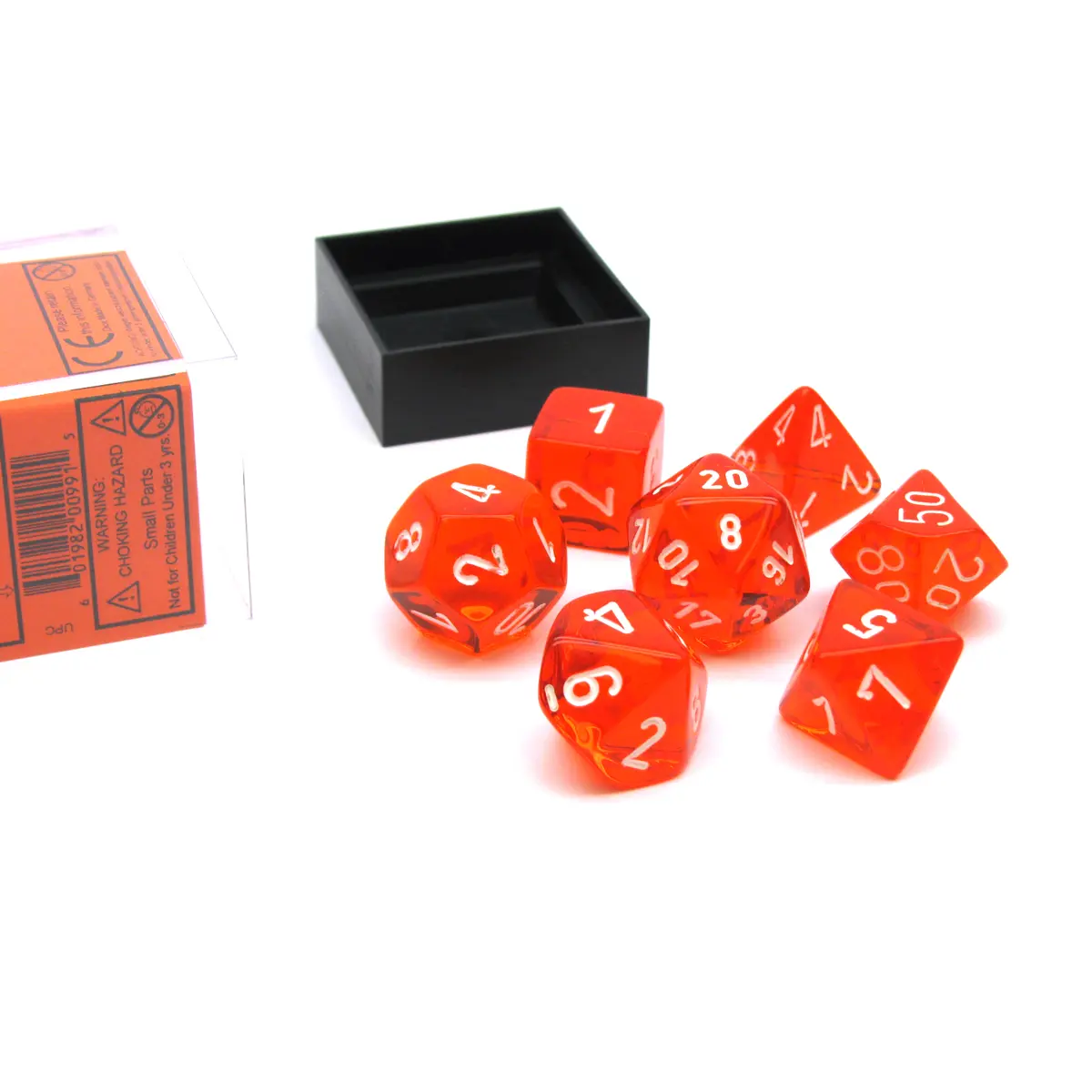 Polyhedral 7-Die Translucent Chessex Dice Set - Orange with White Numbers
