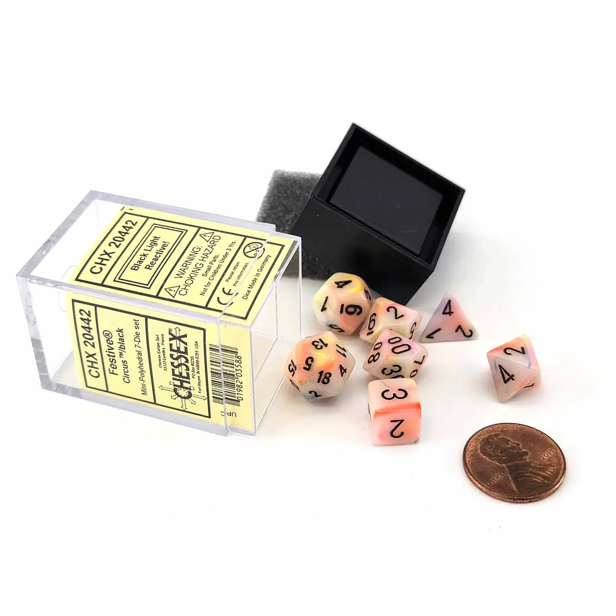 Polyhedral Mini 7-Die Set, Festive - Circus with Black Numbers