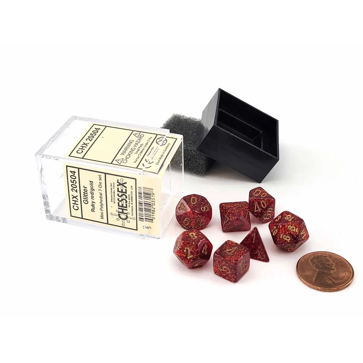 Polyhedral Mini 7-Die Set, Glitter - Ruby with Gold Numbers
