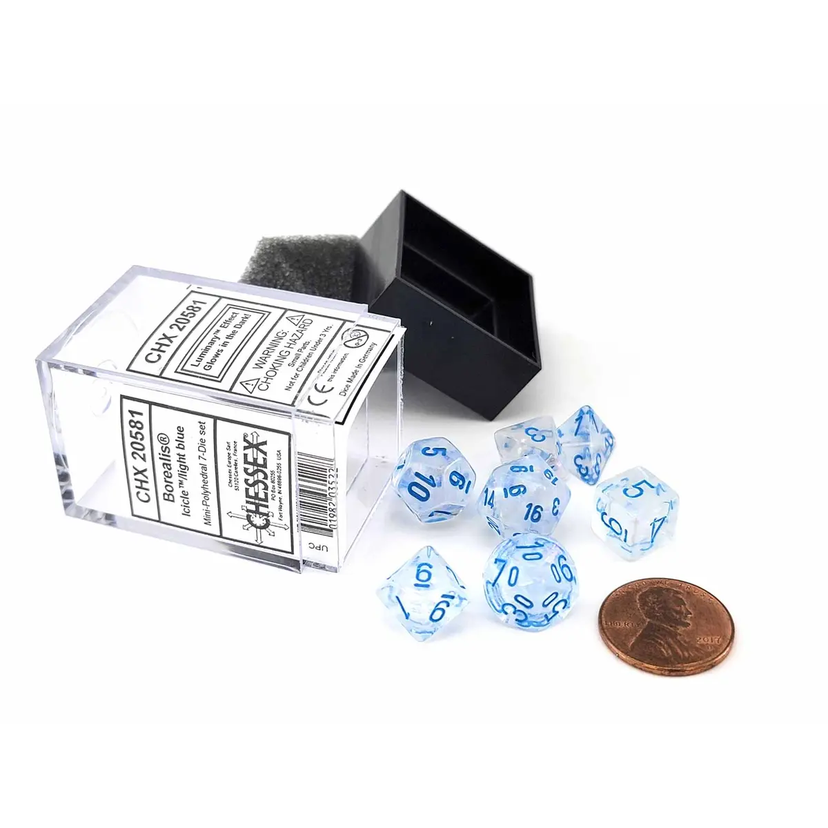 Polyhedral Mini 7-Die Set, Luminary Borealis - Icicle with Light Blue Numbers