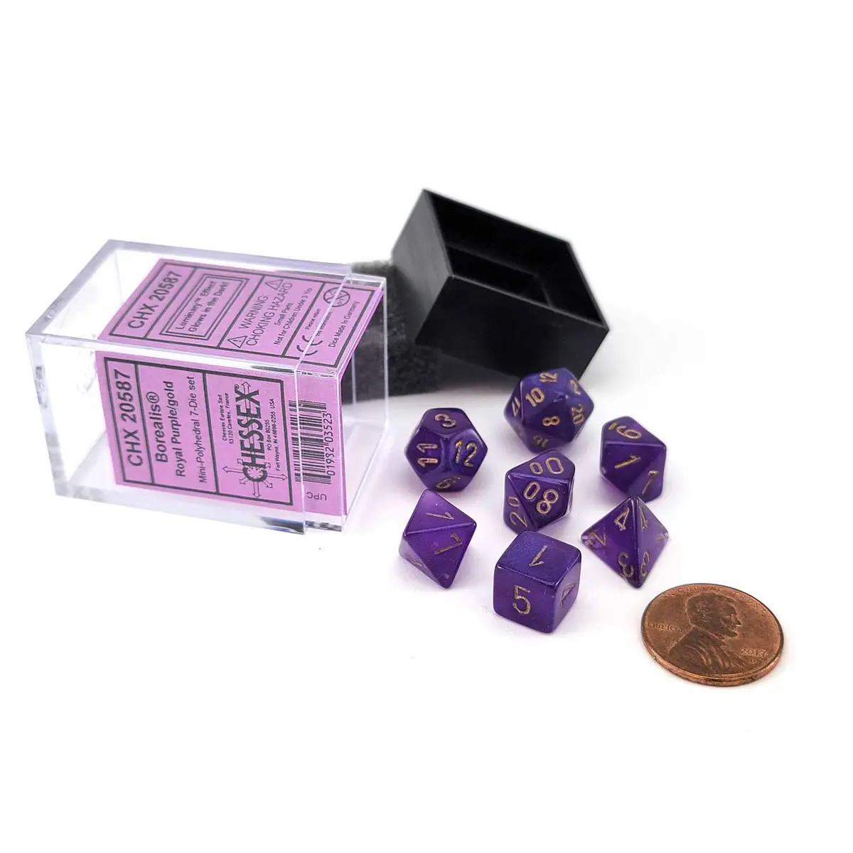 Polyhedral Mini 7-Die Set, Luminary Borealis - Royal Purple with Gold Numbers