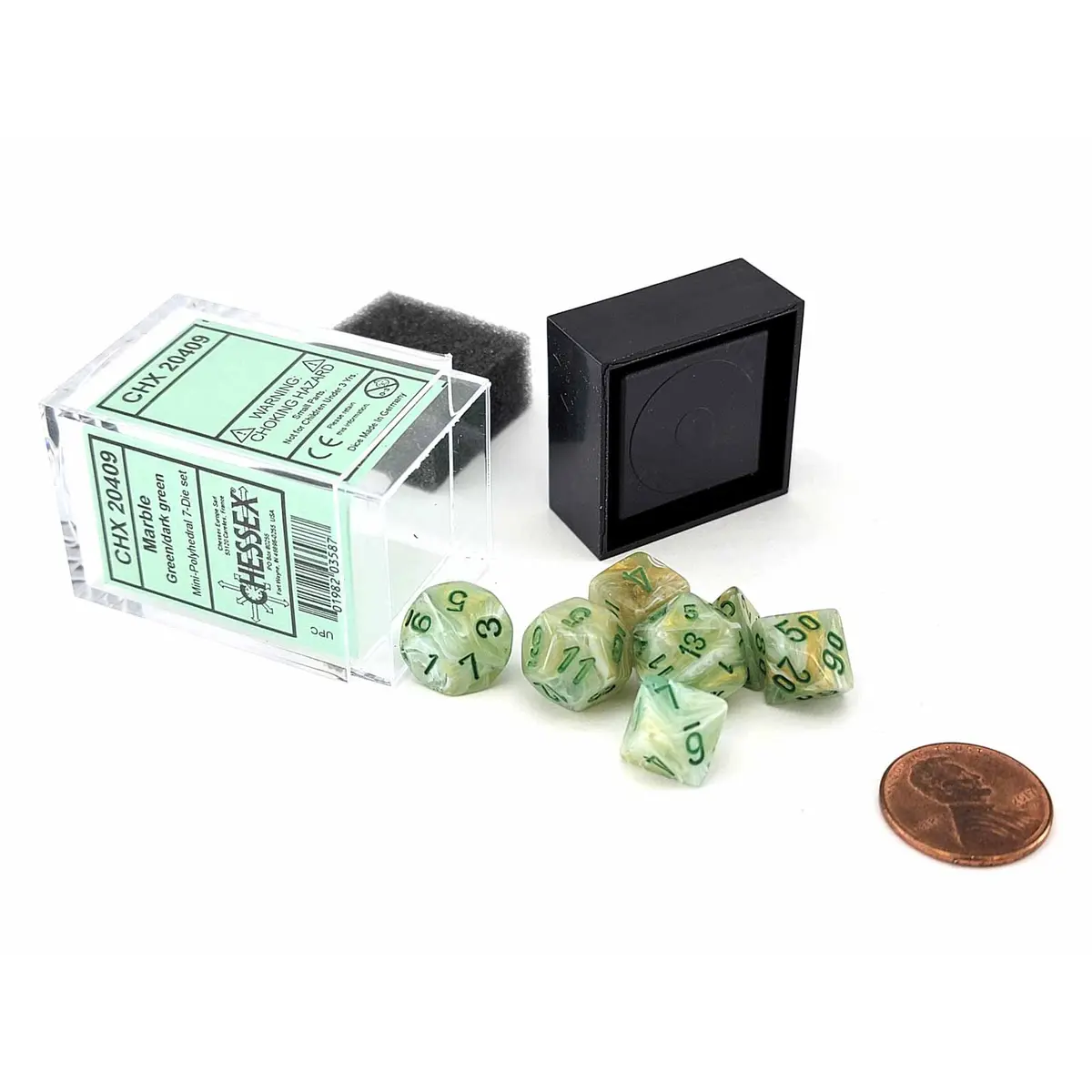 Polyhedral Mini 7-Die Set, Marble - Green with Dark Green Numbers