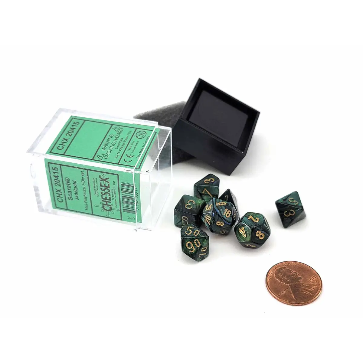 Polyhedral Mini 7-Die Set, Scarab - Jade with Gold Numbers