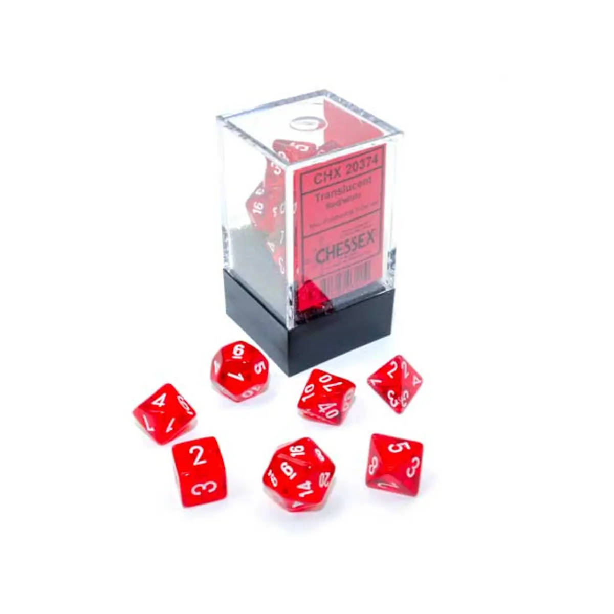 Polyhedral Mini 7-Die Set, Translucent - Red with White Numbers