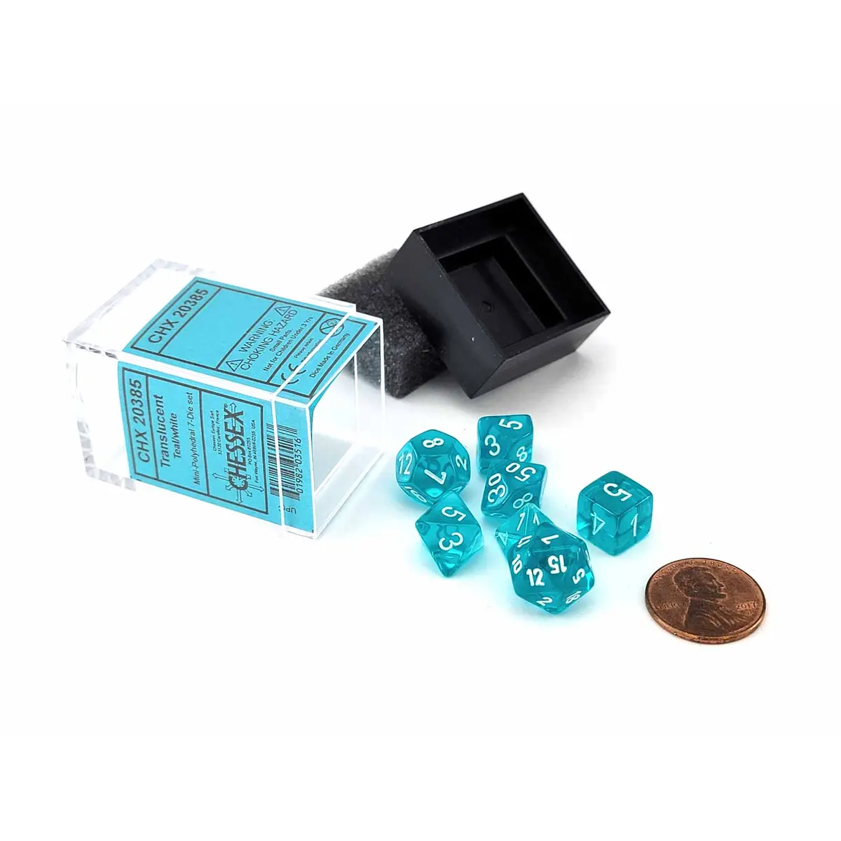 Polyhedral Mini 7-Die Set, Translucent - Teal with White Numbers
