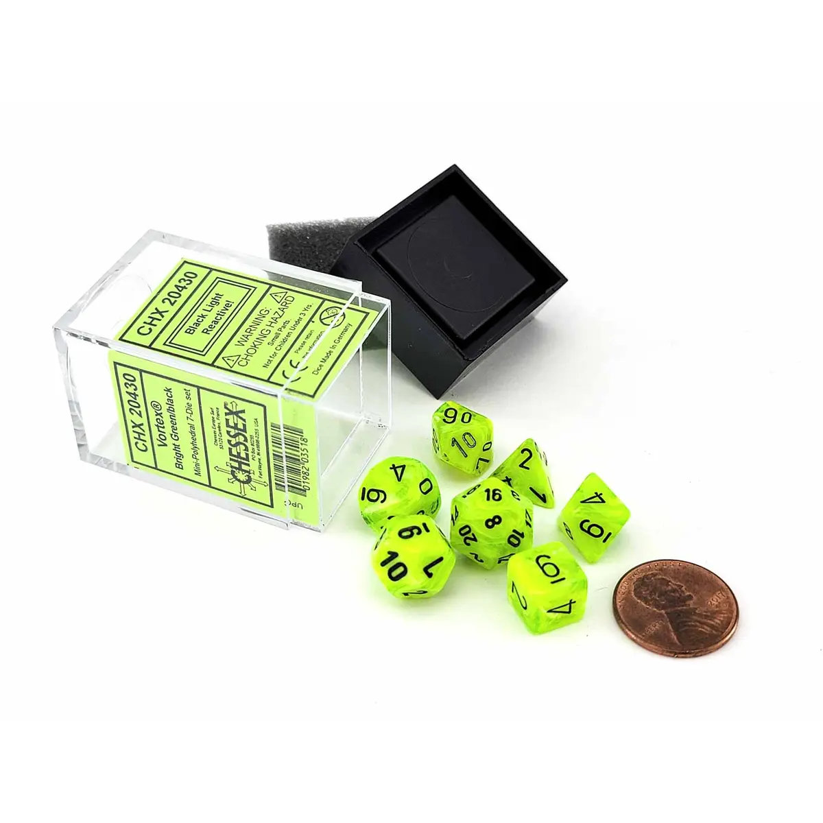 Polyhedral Mini 7-Die Set, Vortex - Bright Green with Black Numbers