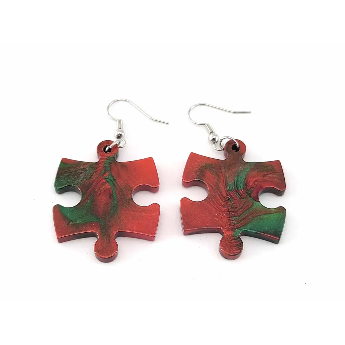 Puzzle Piece Earrings, Gemini Style - Green/Red Mix