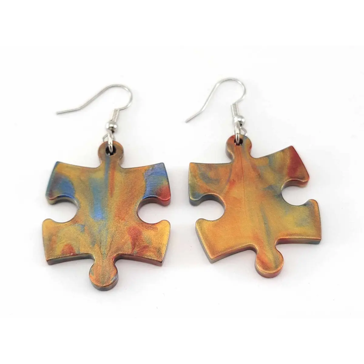Puzzle Piece Earrings, Lustrous Style - Blue/Orange Mix