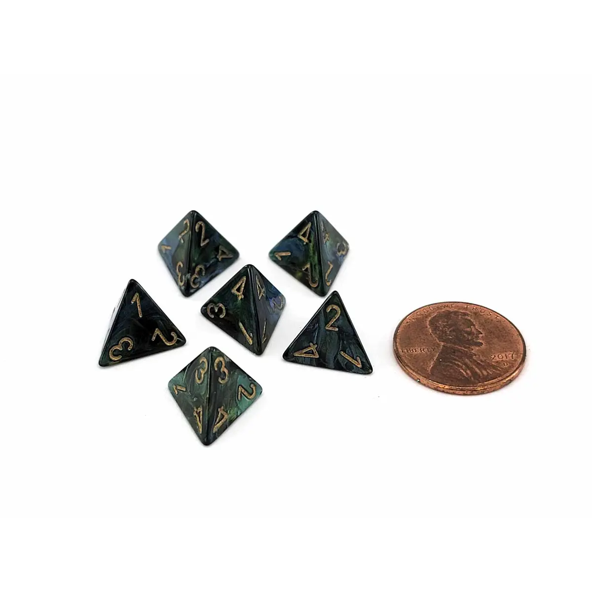 Scarab 12mm Mini 4 Sided D4 Dice, 6 Pieces - Jade with Gold Numbers