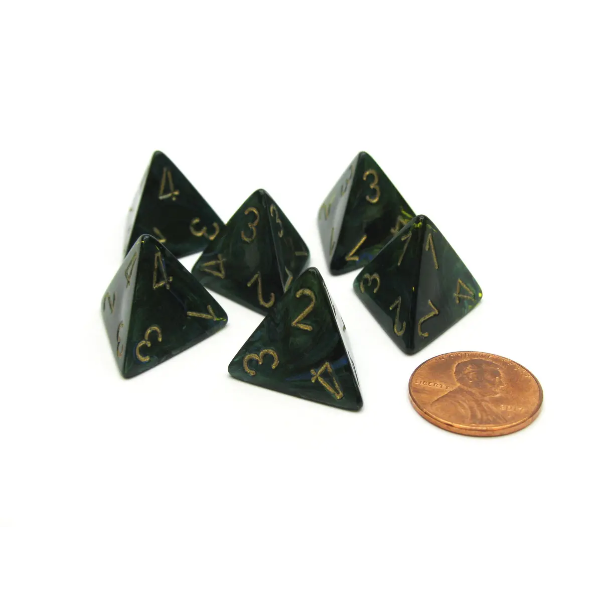 Scarab 18mm 4 Sided D4 Chessex Dice, 6 Pieces - Jade with Gold