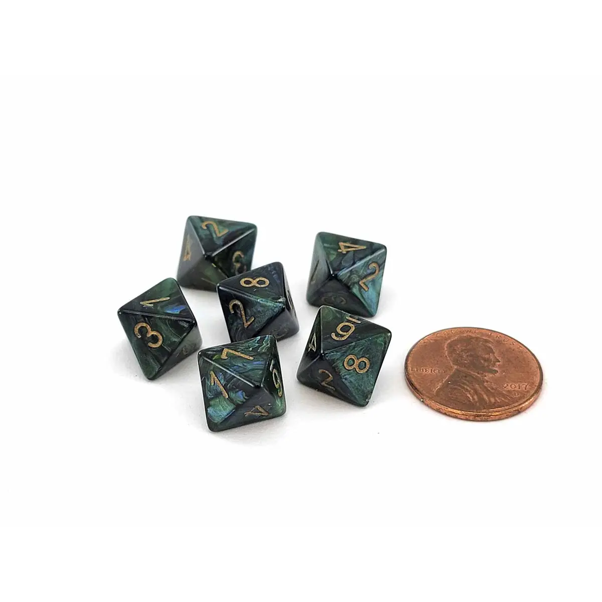 Scarab 9mm Mini 8 Sided D8 Dice, 6 Pieces - Jade with Gold Numbers