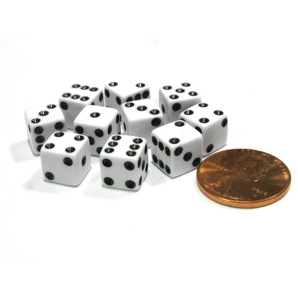 Set of 10 8mm Six-Sided D6 Small Square-Edge Dice - White with Black Pips