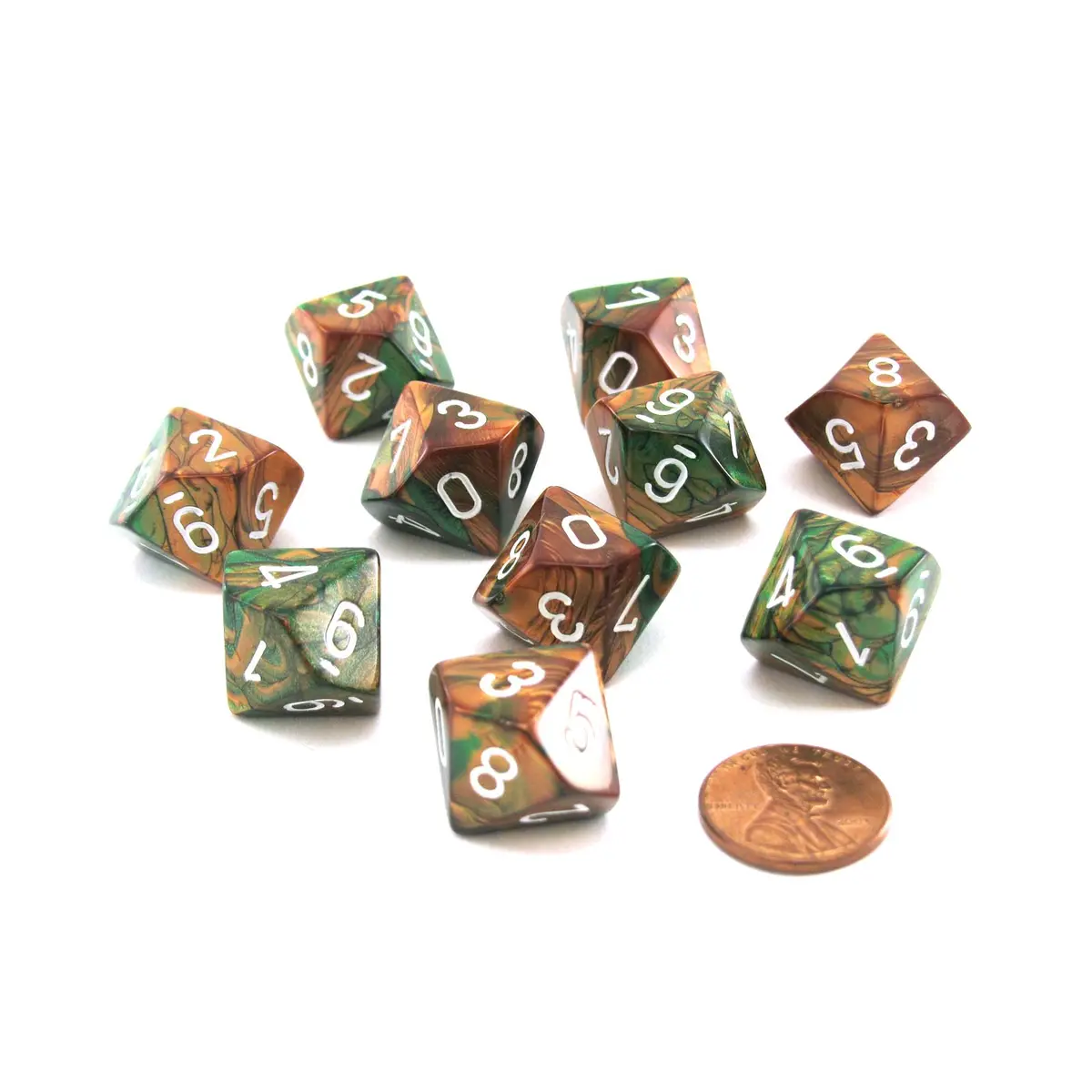 Set of 10 Chessex D10 Dice - Gemini Copper-Green with White Numbers