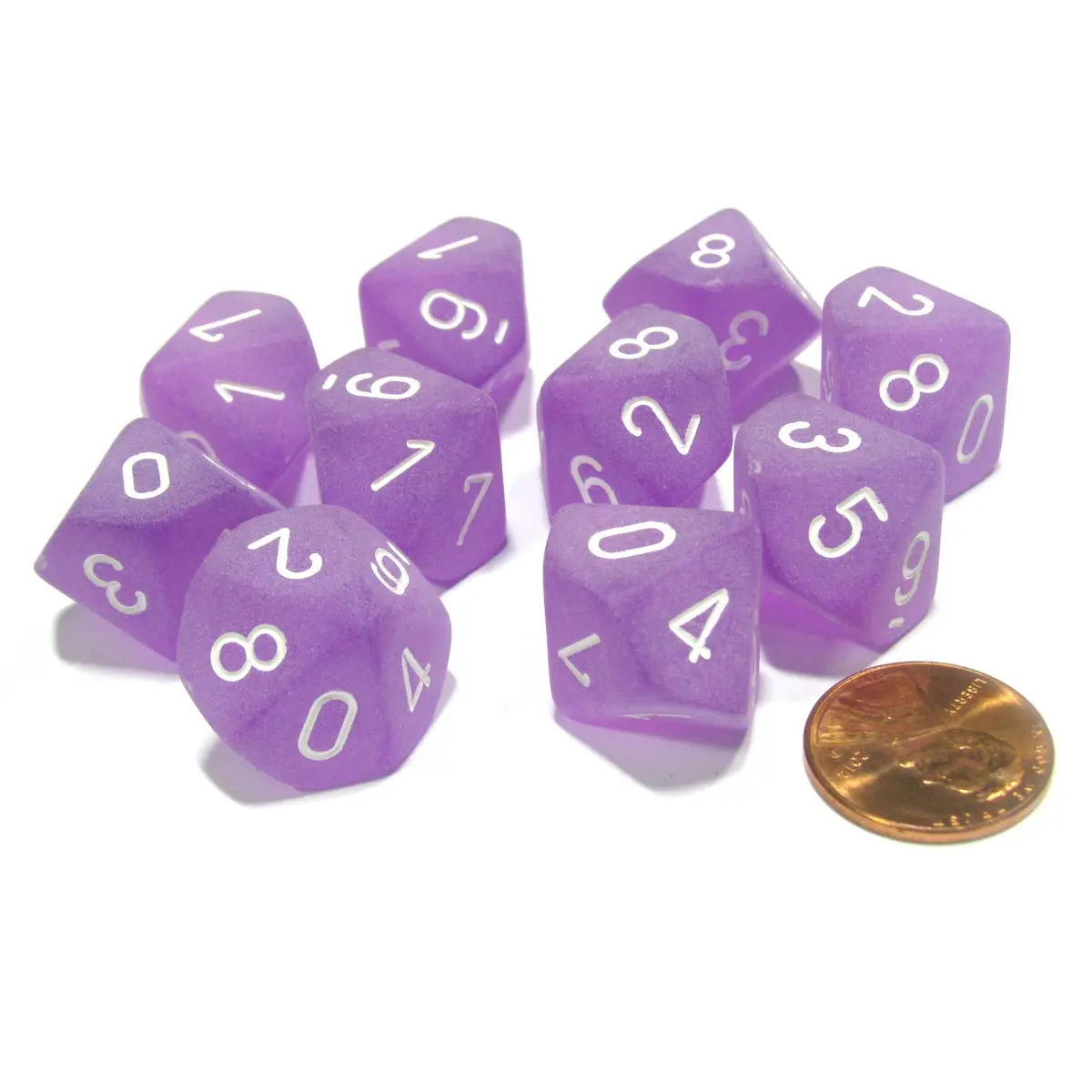 Set of 10 Chessex Frosted D10 Dice - Purple with White Numbers
