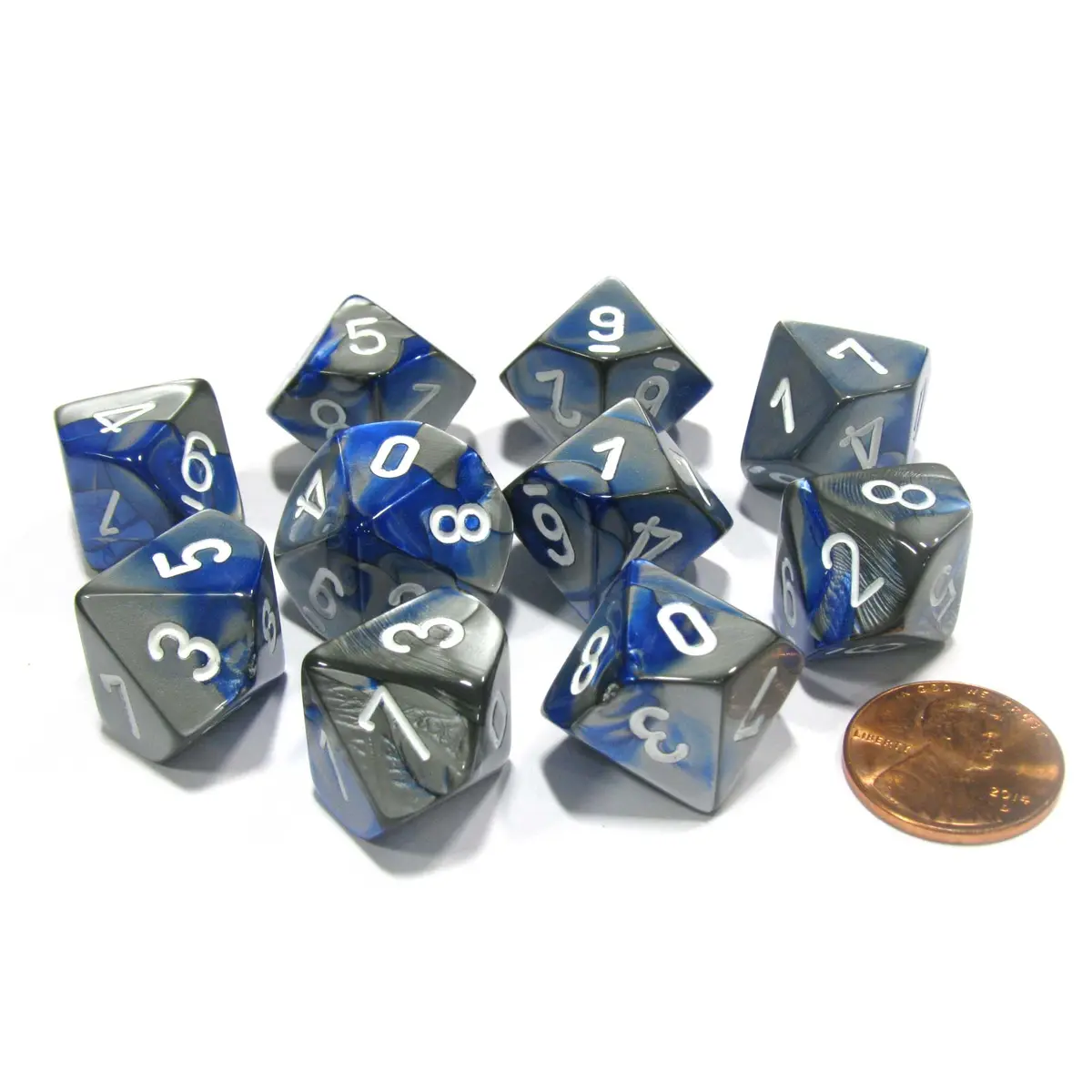 Set of 10 Chessex Gemini D10 Dice - Blue-Steel with White Numbers