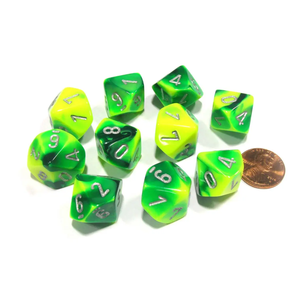 Set of 10 Chessex Gemini D10 Dice - Green-Yellow with Silver Numbers