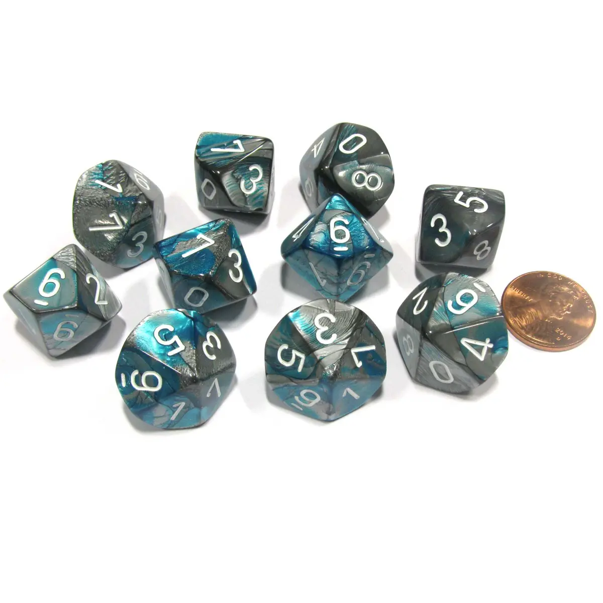 Set of 10 Chessex Gemini D10 Dice - Steel-Teal with White Numbers