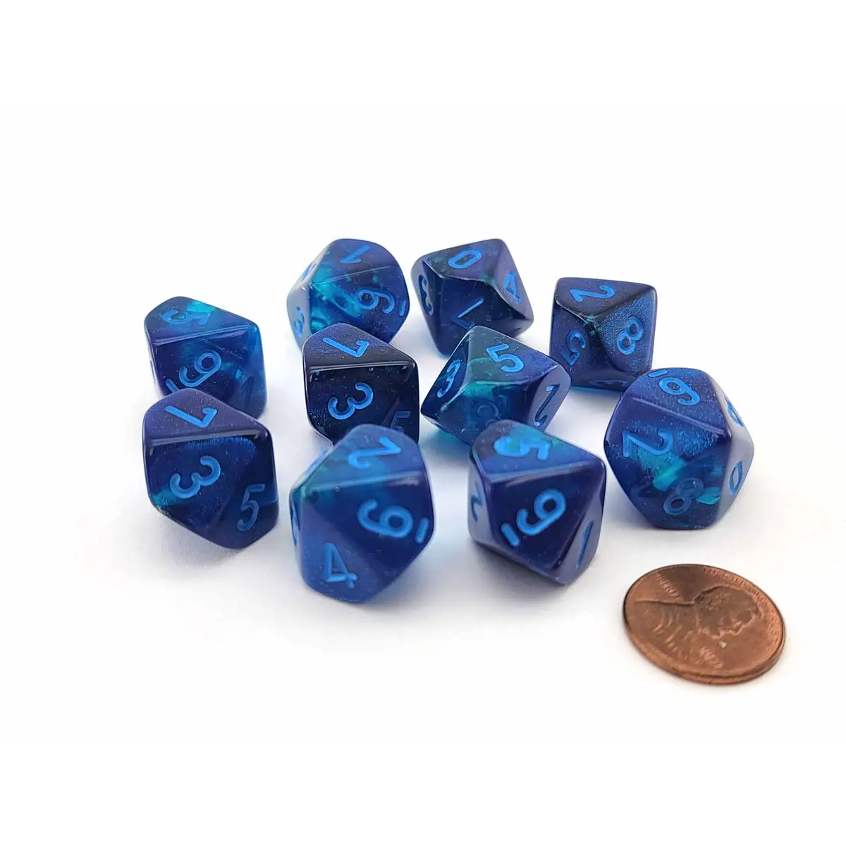 Set of 10 Chessex Luminary Gemini D10 Dice - Blue-Blue with Light Blue Numbers