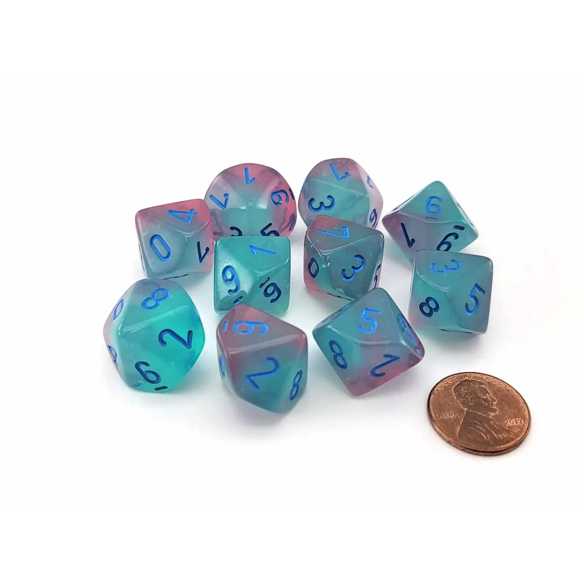 Set of 10 Chessex Luminary Gemini D10 Dice - Gel Green-Pink with Blue Numbers