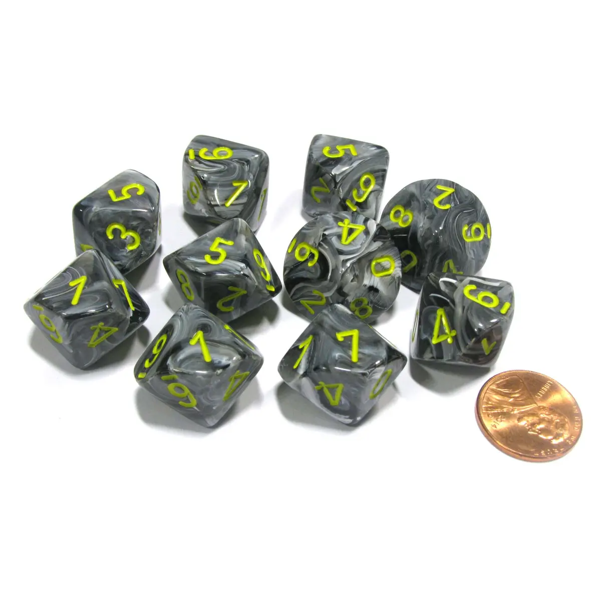 Set of 10 Chessex Vortex D10 Dice - Black with Yellow Numbers