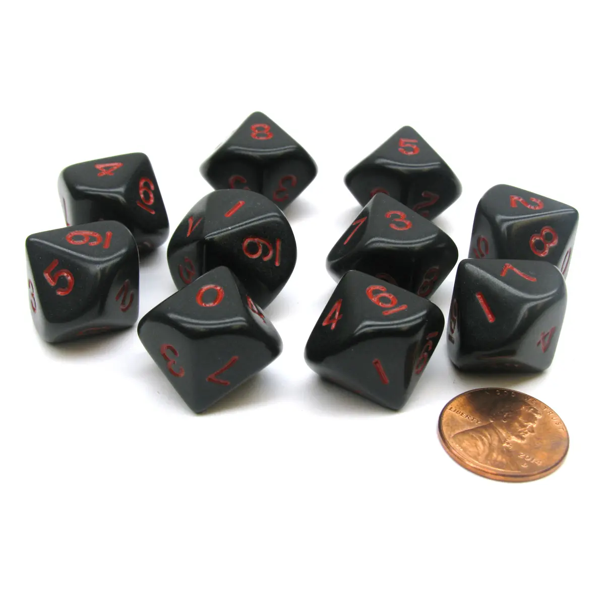 Set of 10 D10 10 Sided 16mm Opaque Dice - Black with Red Numbers