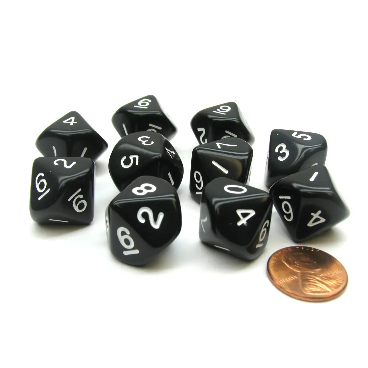 Set of 10 D10 10-Sided 16mm Opaque Dice - Black with White Numbers