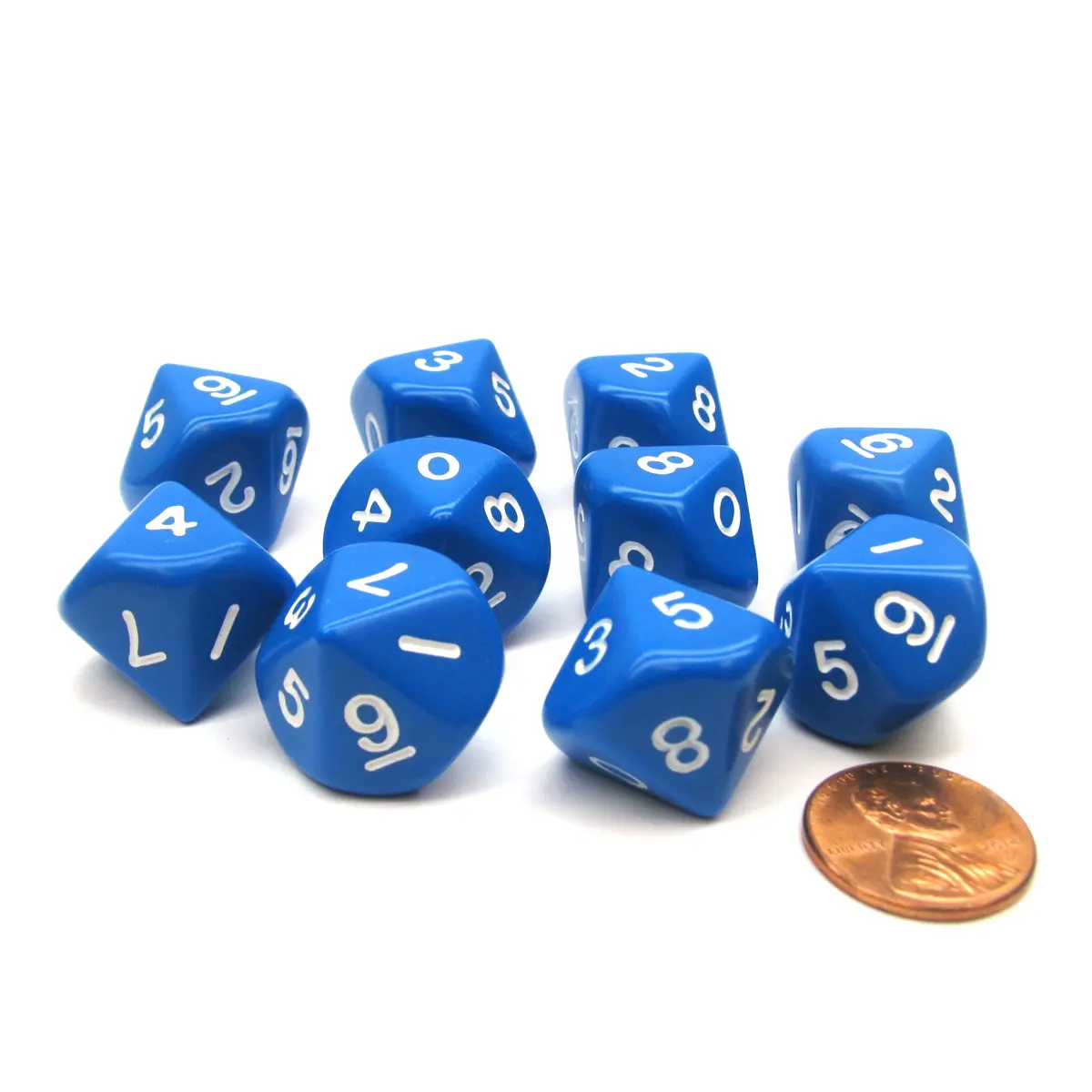 Set of 10 D10 10-Sided 16mm Opaque Dice - Blue with White Numbers