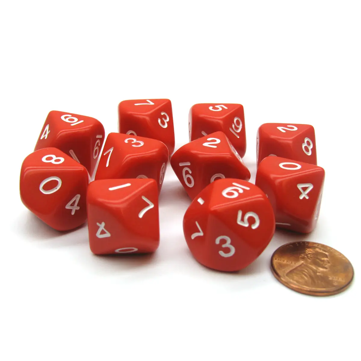 Set of 10 D10 10-Sided 16mm Opaque Dice - Red with White Numbers