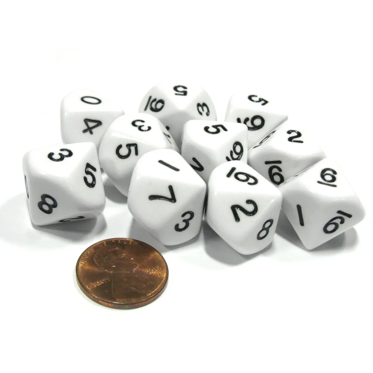 Set of 10 D10 10-Sided 16mm Opaque Dice - White with Black Numbers