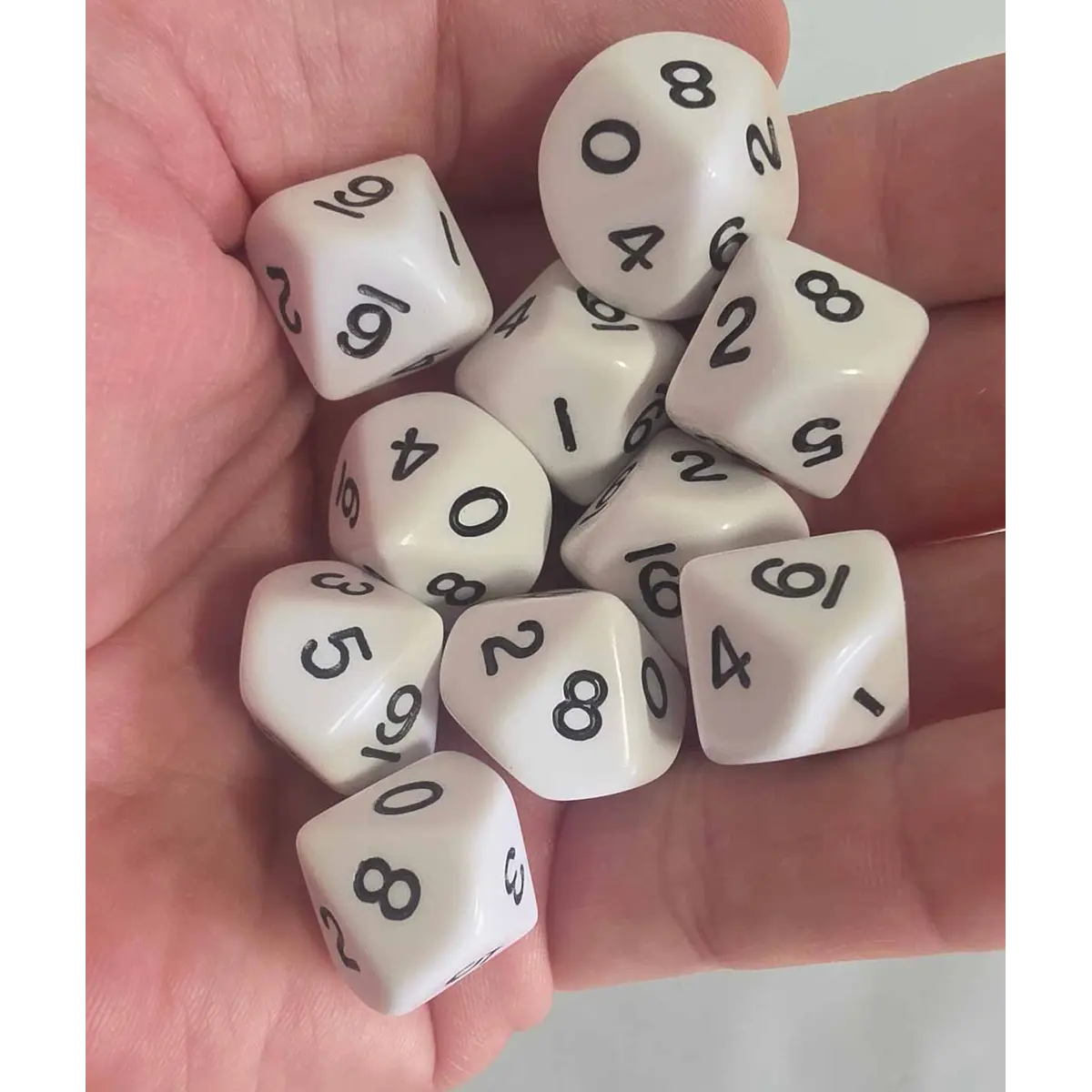 Set of 10 D10 10-Sided 16mm Opaque Dice - White with Black Numbers