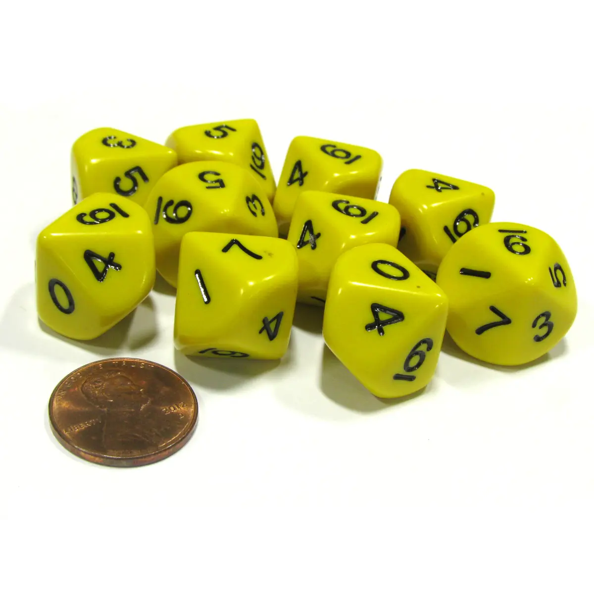 Set of 10 D10 10-Sided 16mm Opaque Dice - Yellow with Black Numbers