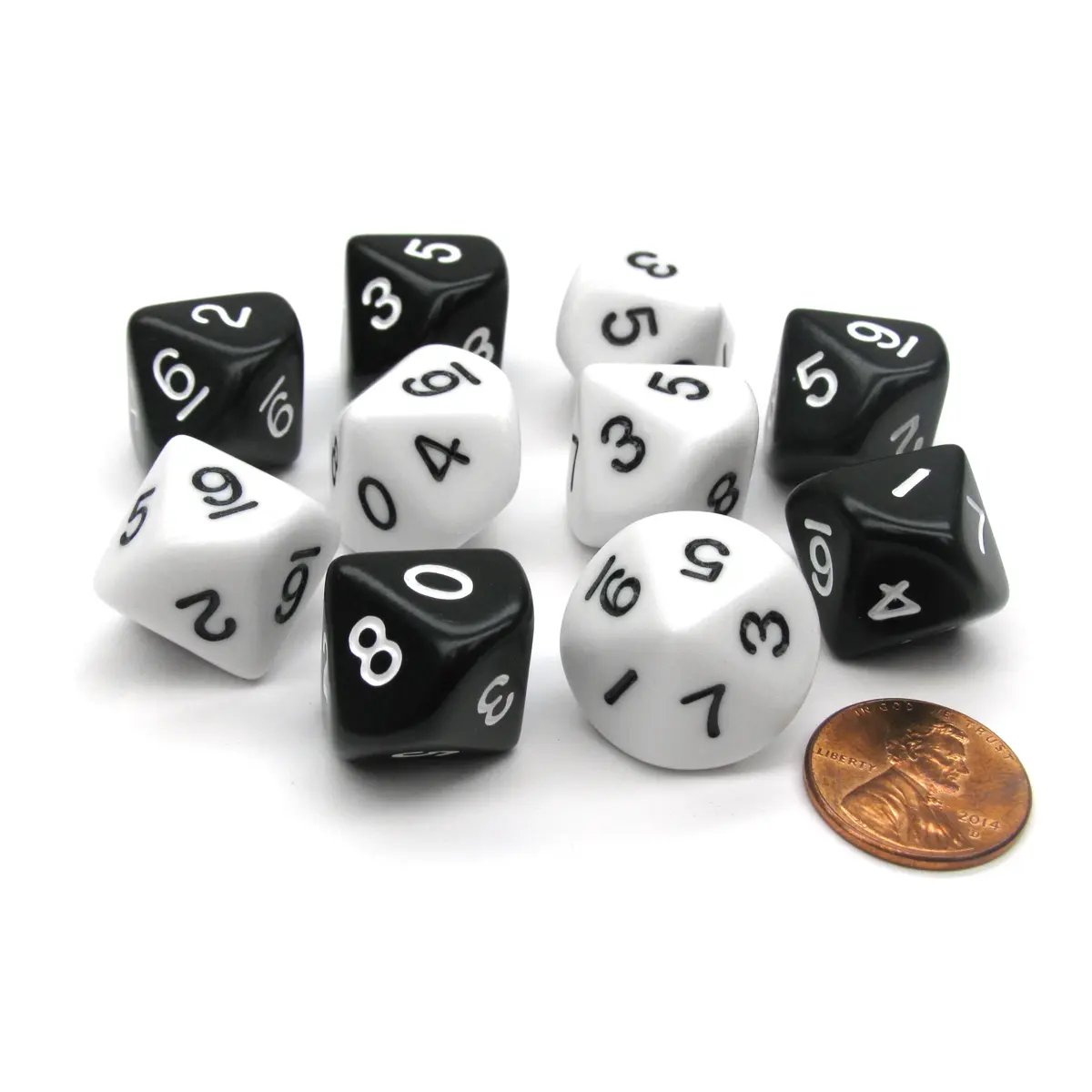 Set of 10 D10 16mm Inverse Dice - 5 Each of Black and White