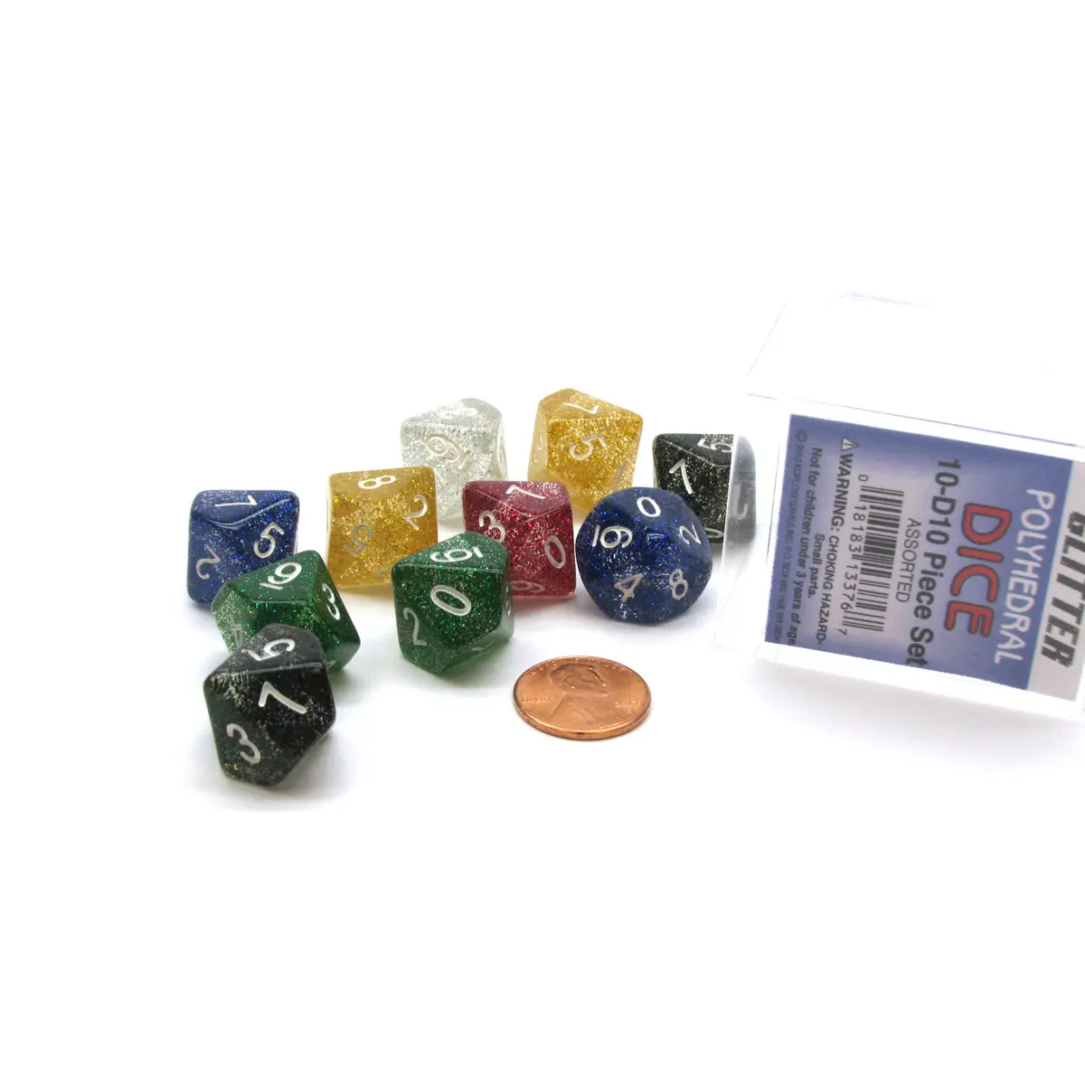 Set of 10 D10 Glitter Dice in Plastic Display Case - Assorted Colors