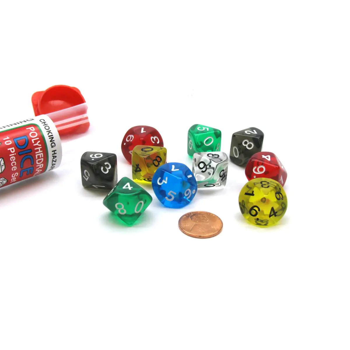 Set of 10 D10 Transparent Dice in Travel Tube - Assorted Colors