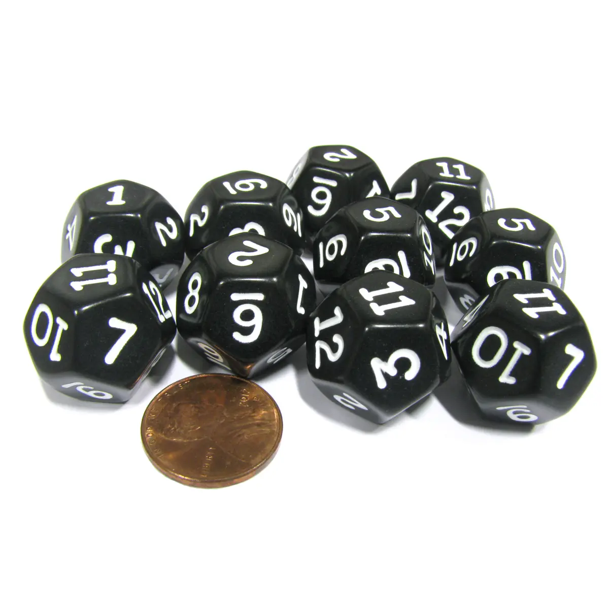 Set of 10 D12 12-Sided 18mm Opaque RPG Dice - Black with White Numbers