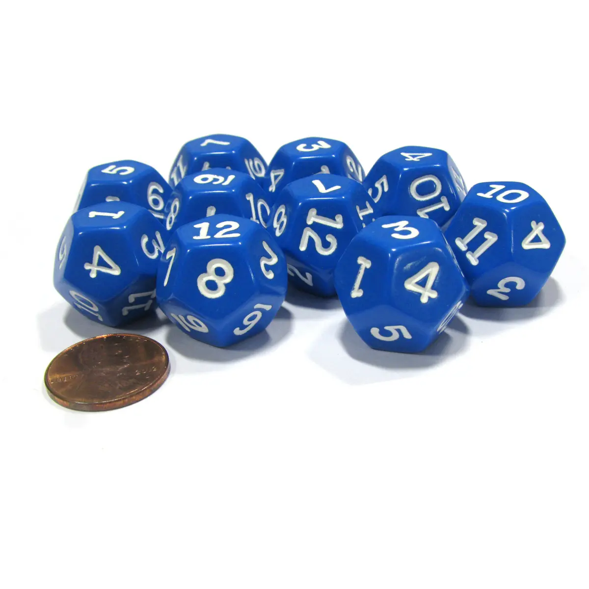 Set of 10 D12 12-Sided 18mm Opaque RPG Dice - Blue with White Numbers