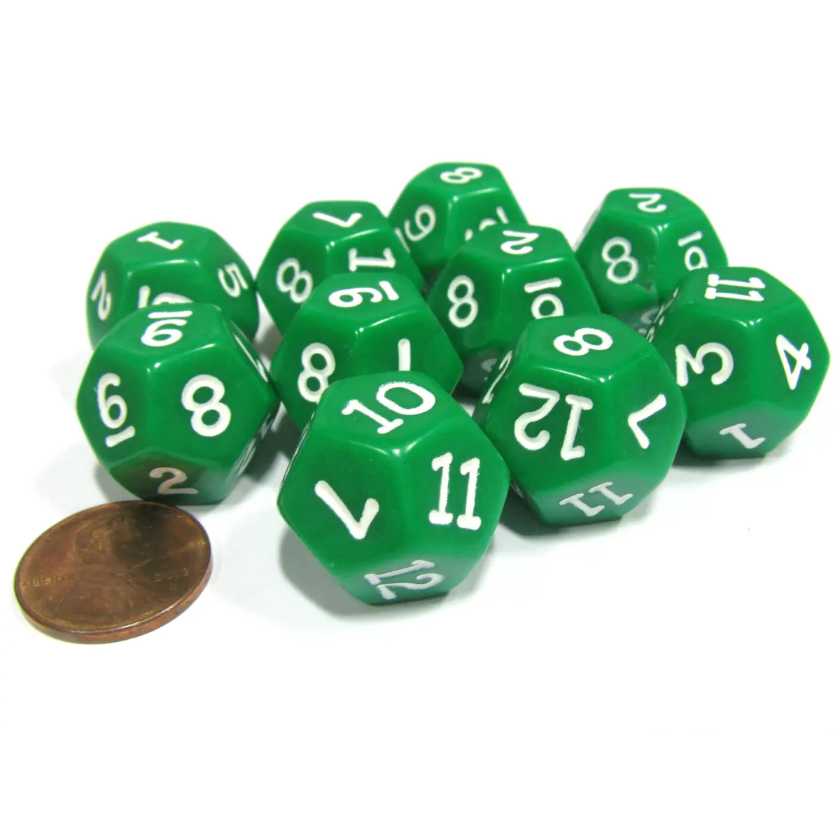 Set of 10 D12 12-Sided 18mm Opaque RPG Dice - Green with White Numbers